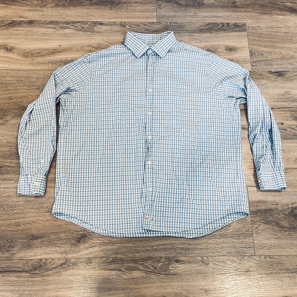 Vineyard Vines Shirt Mens XXL Blue Classic Fit Burgee Check Plaid Stretch Button